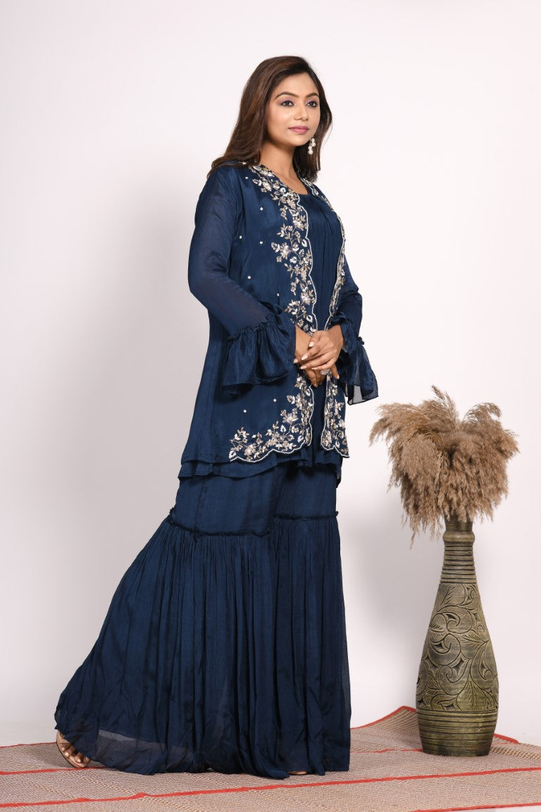 Morchari Jacket With Sharara Set With Hand Embroidery - Blue | Grocsy