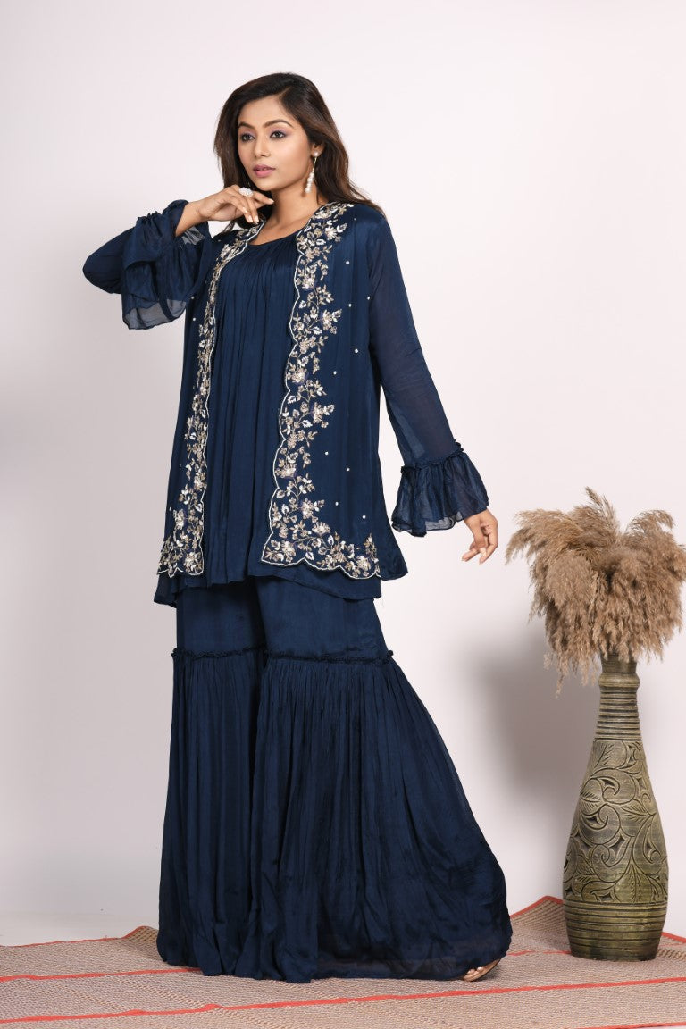 Morchari Jacket With Sharara Set With Hand Embroidery - Blue | Grocsy