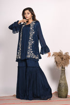 Morchari Jacket With Sharara Set With Hand Embroidery - Blue | Grocsy