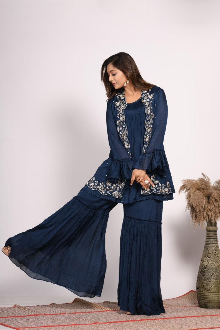 Morchari Jacket With Sharara Set With Hand Embroidery - Blue | Grocsy