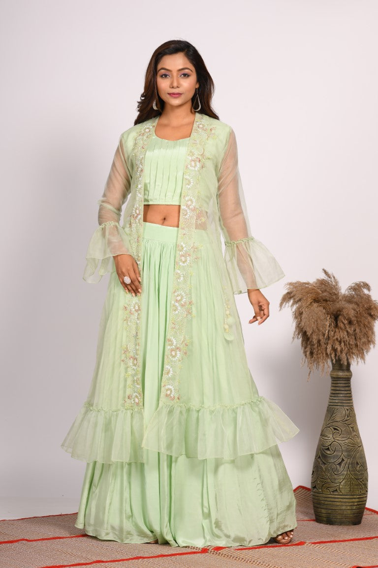 Morchari Crop Top With Jacket With Hand Embroidery - Green | Grocsy