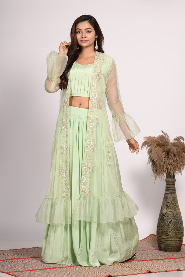 Morchari Crop Top With Jacket With Hand Embroidery - Green | Grocsy