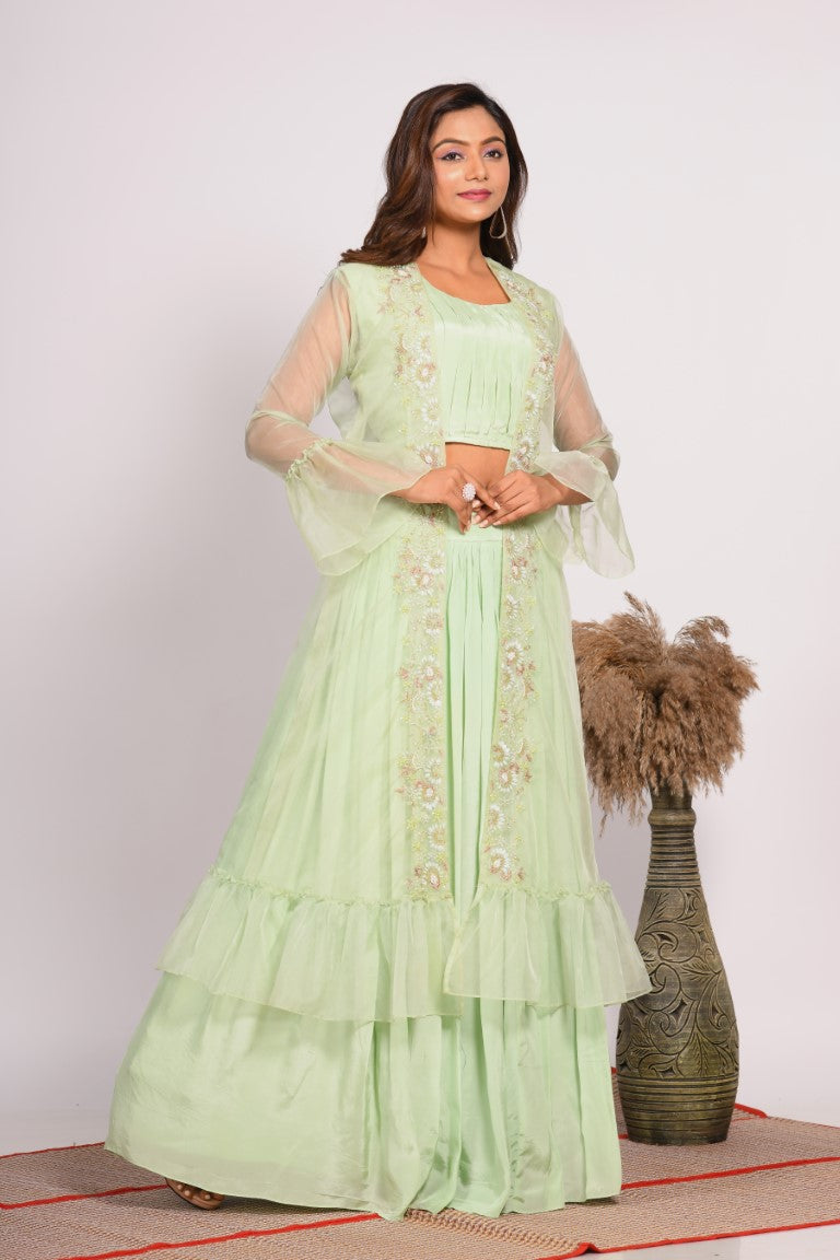 Morchari Crop Top With Jacket With Hand Embroidery - Green | Grocsy