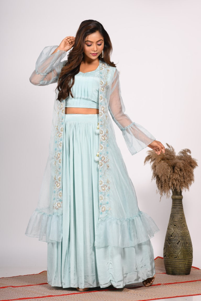 Morchari Crop Top With Jacket With Hand Embroidery - Blue | Grocsy
