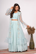 Morchari Crop Top With Jacket With Hand Embroidery - Blue | Grocsy