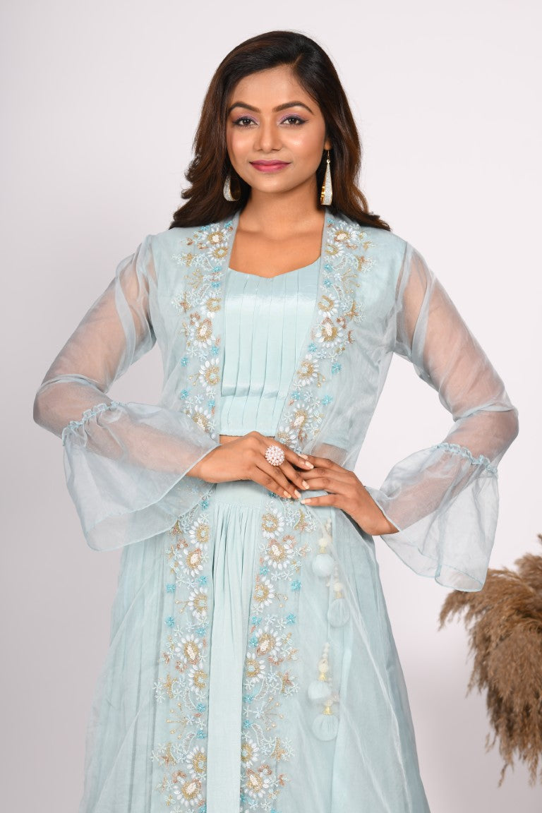 Morchari Crop Top With Jacket With Hand Embroidery - Blue | Grocsy