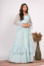 Morchari Crop Top With Jacket With Hand Embroidery - Blue | Grocsy