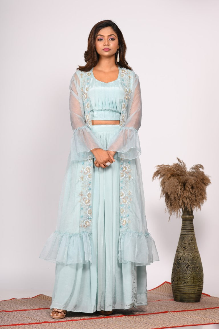 Morchari Crop Top With Jacket With Hand Embroidery - Blue | Grocsy