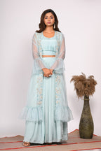 Morchari Crop Top With Jacket With Hand Embroidery - Blue | Grocsy