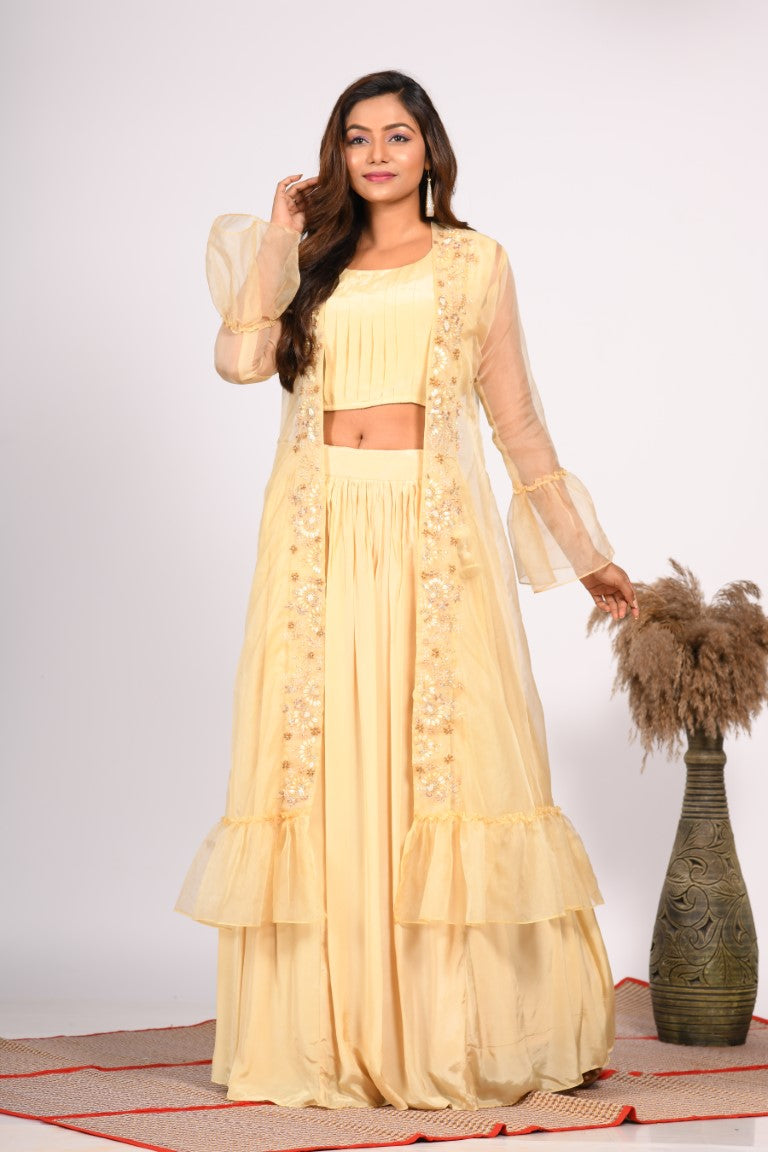 Morchari Crop Top With Jacket With Hand Embroidery - Yellow | Grocsy