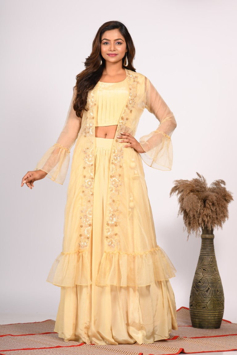 Morchari Crop Top With Jacket With Hand Embroidery - Yellow | Grocsy