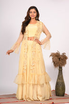 Morchari Crop Top With Jacket With Hand Embroidery - Yellow | Grocsy