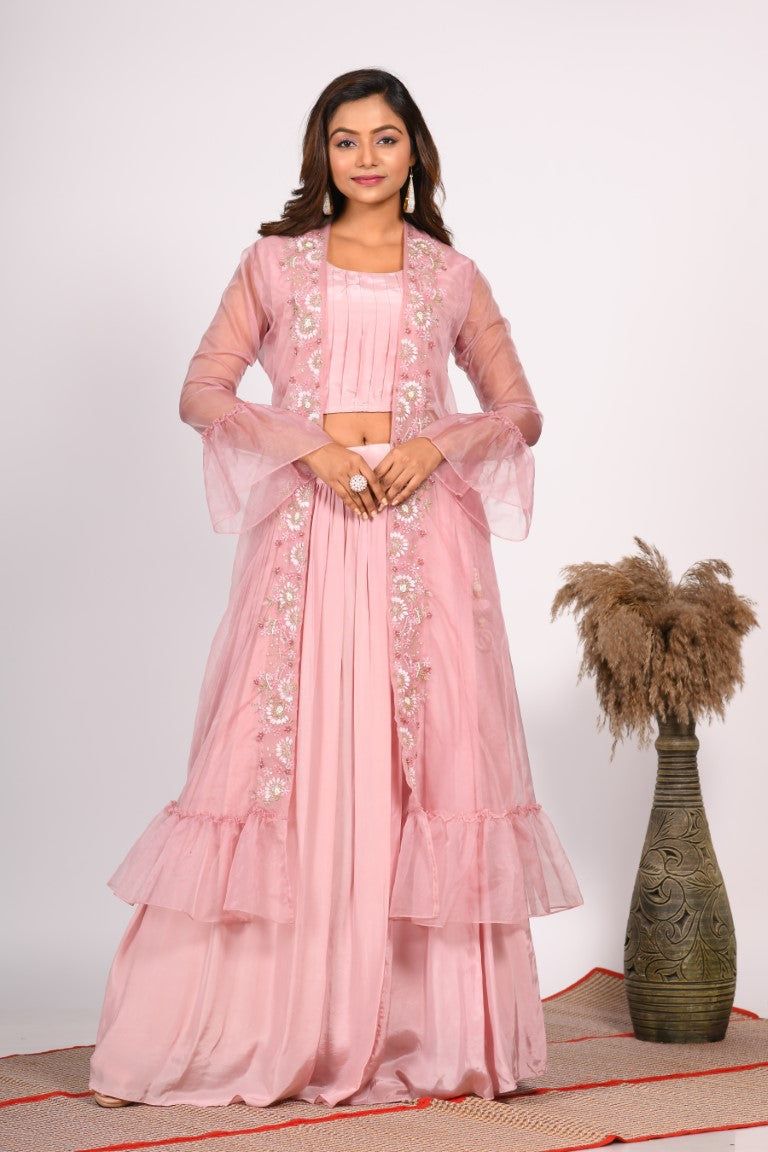 Morchari Crop Top With Jacket With Hand Embroidery - Pink | Grocsy