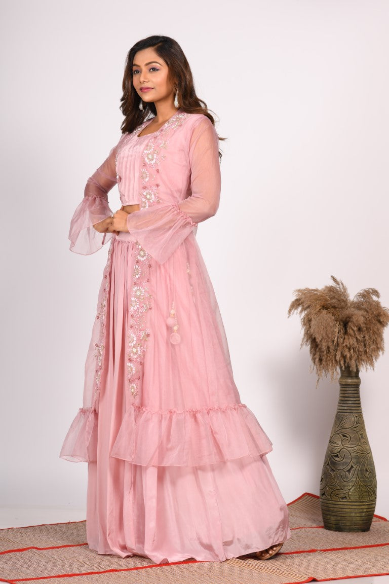 Morchari Crop Top With Jacket With Hand Embroidery - Pink | Grocsy