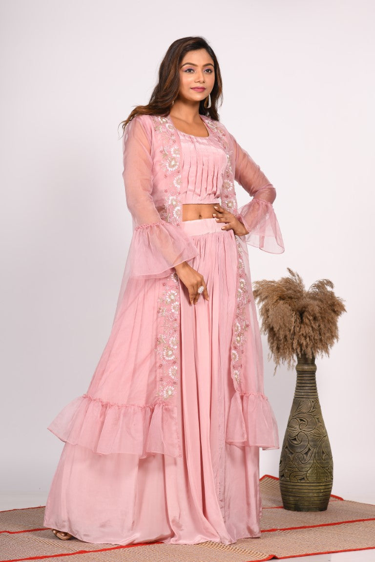 Morchari Crop Top With Jacket With Hand Embroidery - Pink | Grocsy