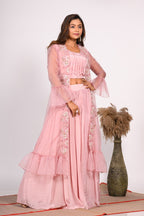 Morchari Crop Top With Jacket With Hand Embroidery - Pink | Grocsy
