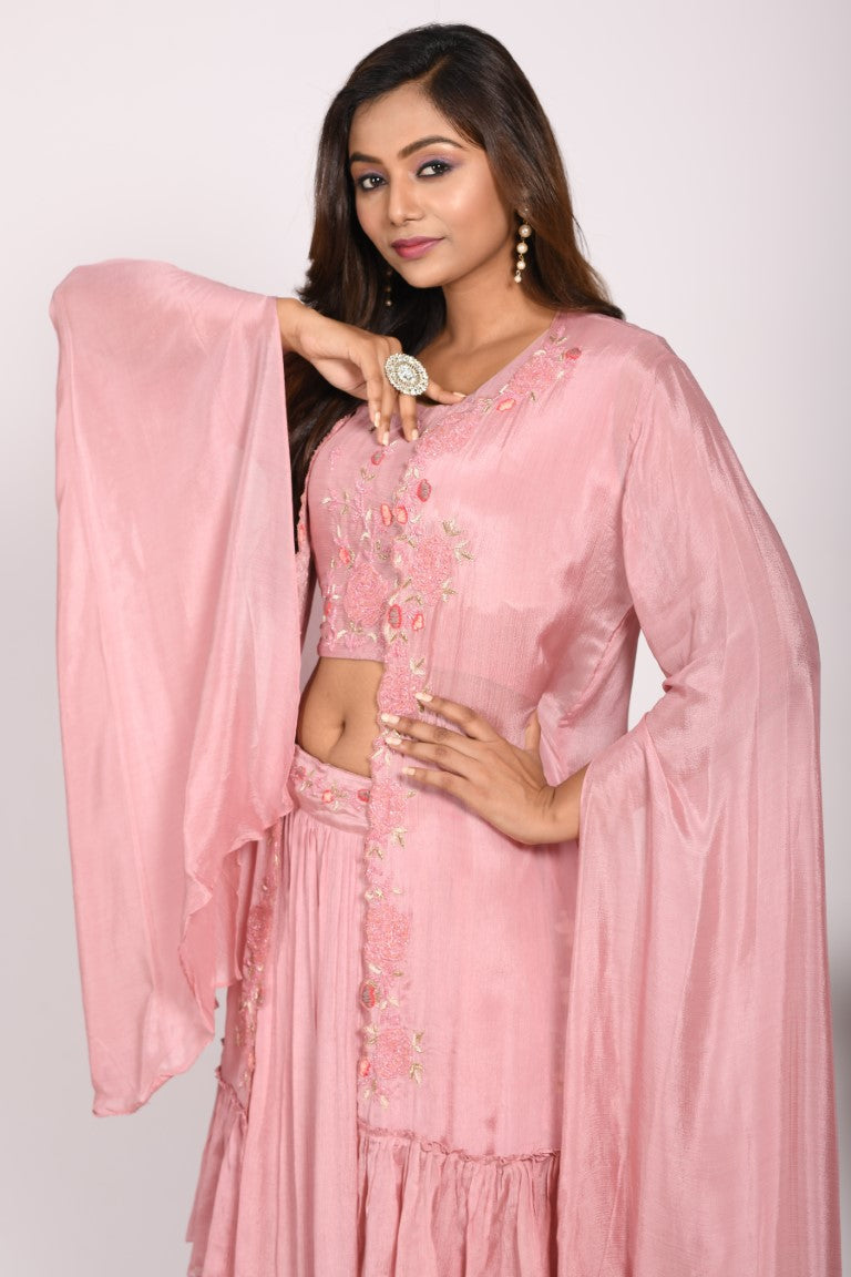 Morchari Crop Top With Long Jacket With Hand Embroidery - Rust | Grocsy