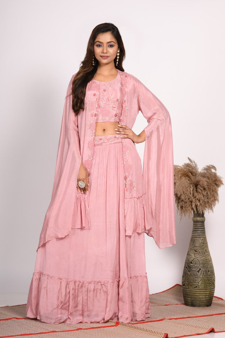 Morchari Crop Top With Long Jacket With Hand Embroidery - Rust | Grocsy