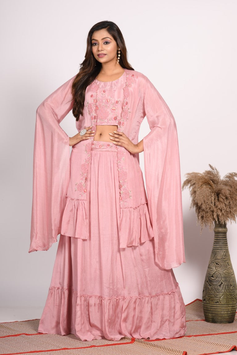 Morchari Crop Top With Long Jacket With Hand Embroidery - Rust | Grocsy