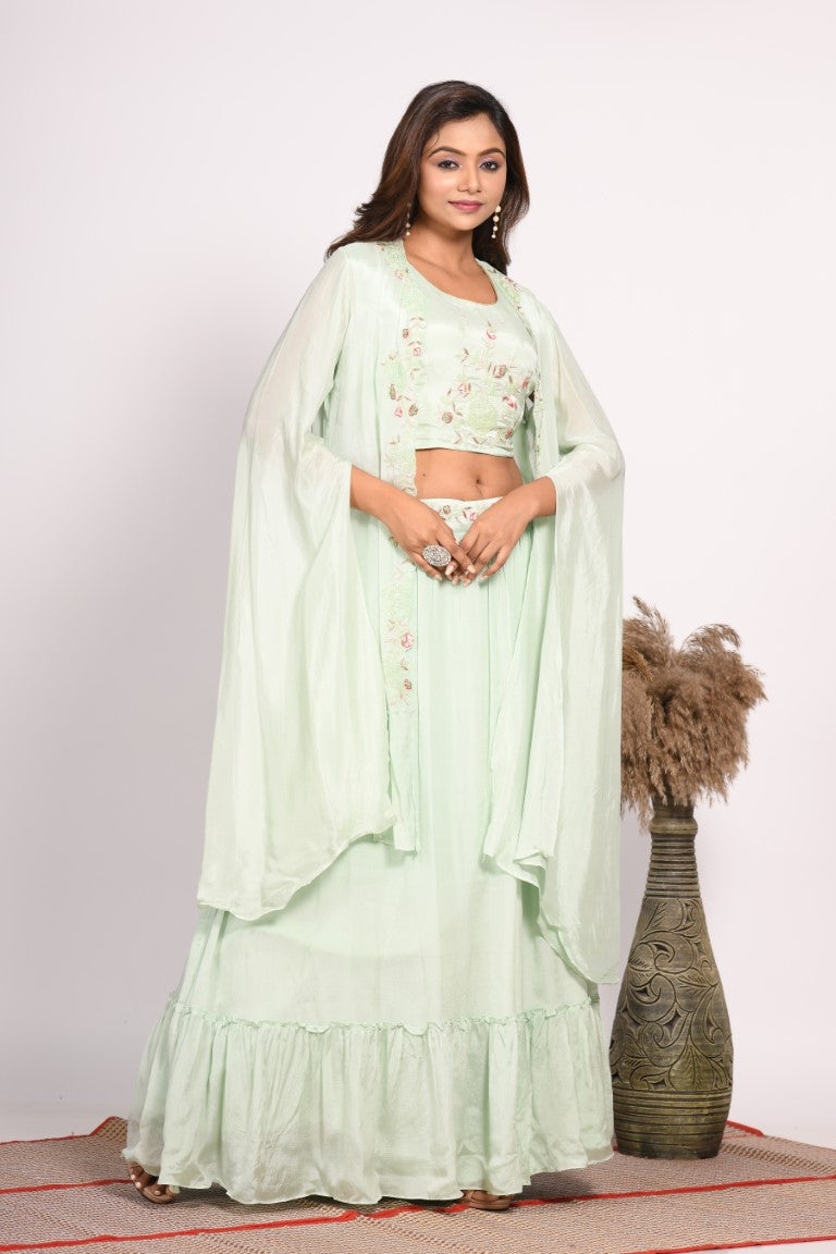 Morchari Crop Top With Long Jacket With Hand Embroidery - Green | Grocsy