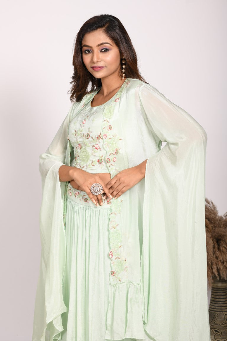 Morchari Crop Top With Long Jacket With Hand Embroidery - Green | Grocsy