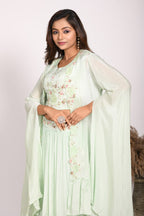 Morchari Crop Top With Long Jacket With Hand Embroidery - Green | Grocsy