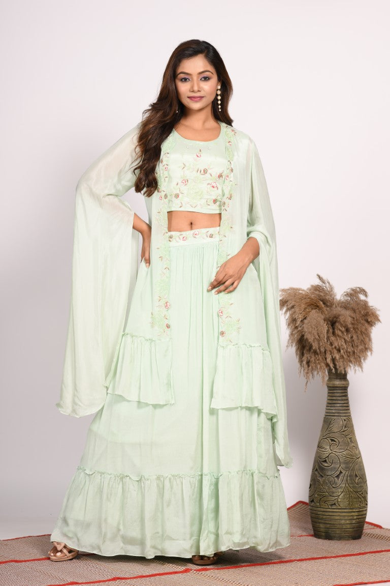 Morchari Crop Top With Long Jacket With Hand Embroidery - Green | Grocsy