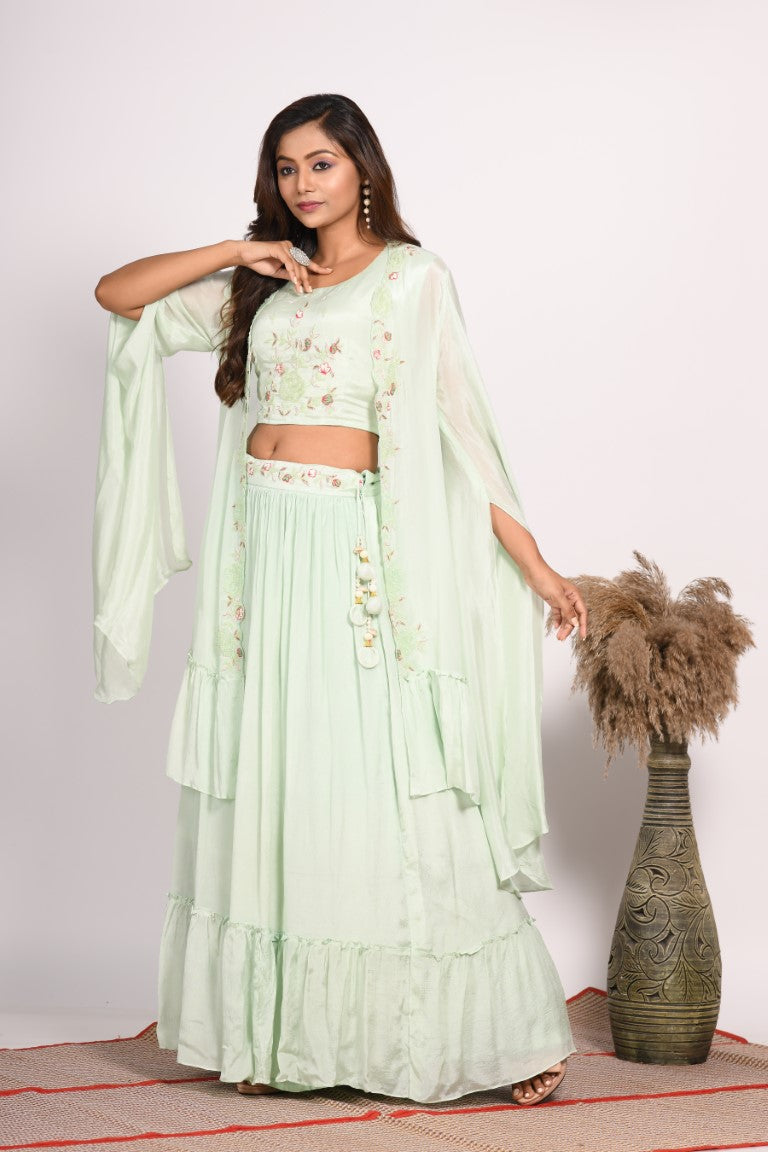 Morchari Crop Top With Long Jacket With Hand Embroidery - Green | Grocsy