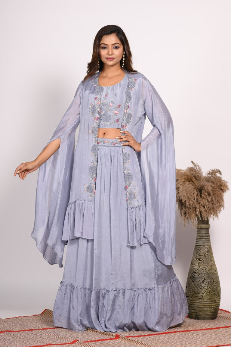 Morchari Crop Top With Long Jacket With Hand Embroidery - Grey | Grocsy