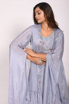 Morchari Crop Top With Long Jacket With Hand Embroidery - Grey | Grocsy