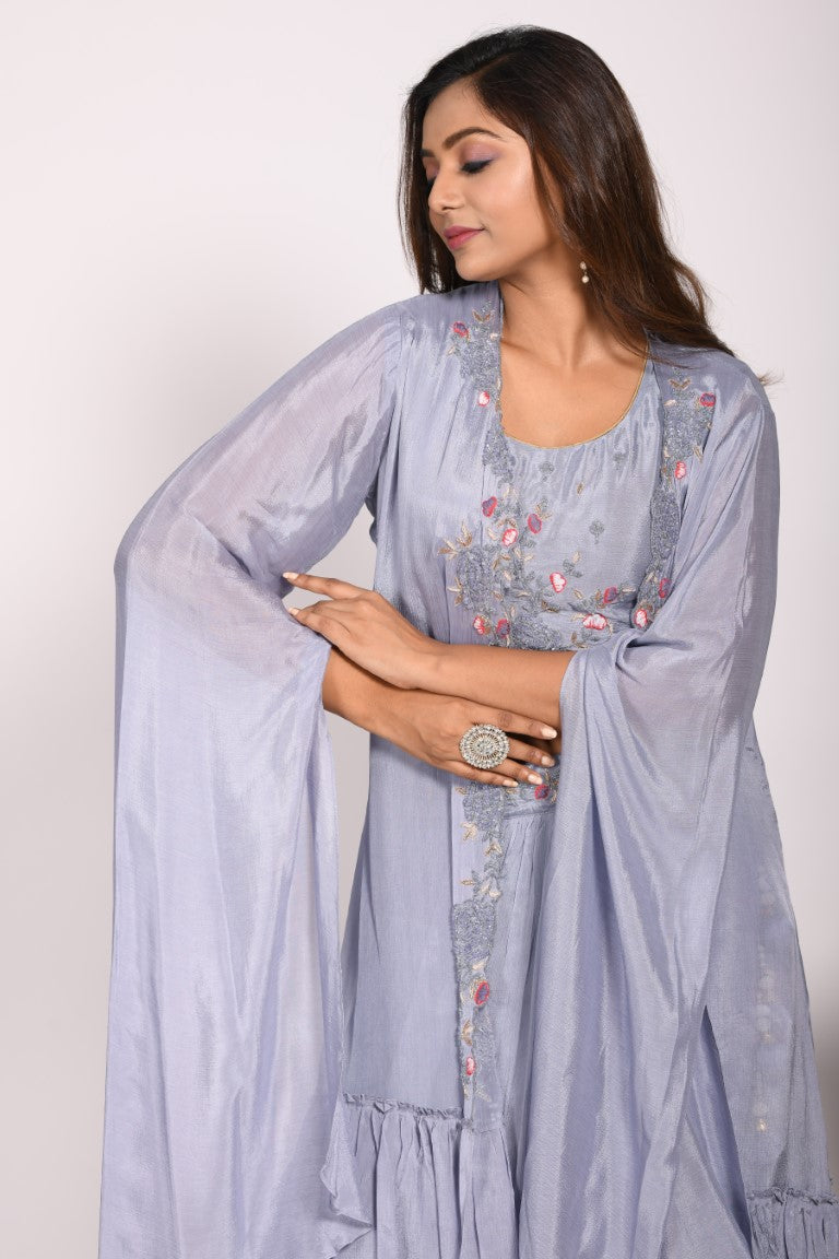 Morchari Crop Top With Long Jacket With Hand Embroidery - Grey | Grocsy