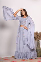 Morchari Crop Top With Long Jacket With Hand Embroidery - Grey | Grocsy