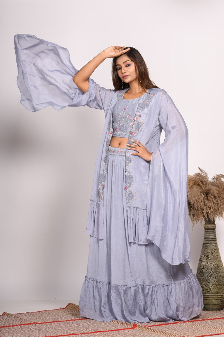 Morchari Crop Top With Long Jacket With Hand Embroidery - Grey | Grocsy