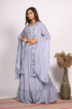 Morchari Crop Top With Long Jacket With Hand Embroidery - Grey | Grocsy