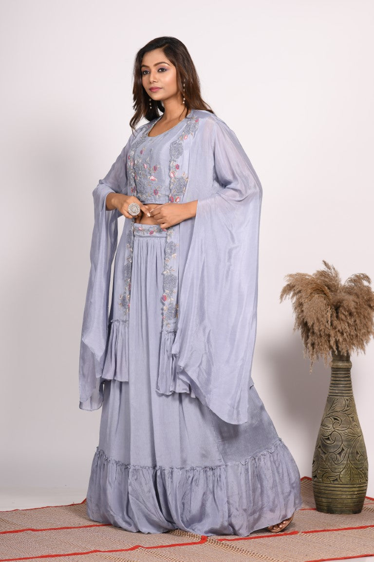 Morchari Crop Top With Long Jacket With Hand Embroidery - Grey | Grocsy