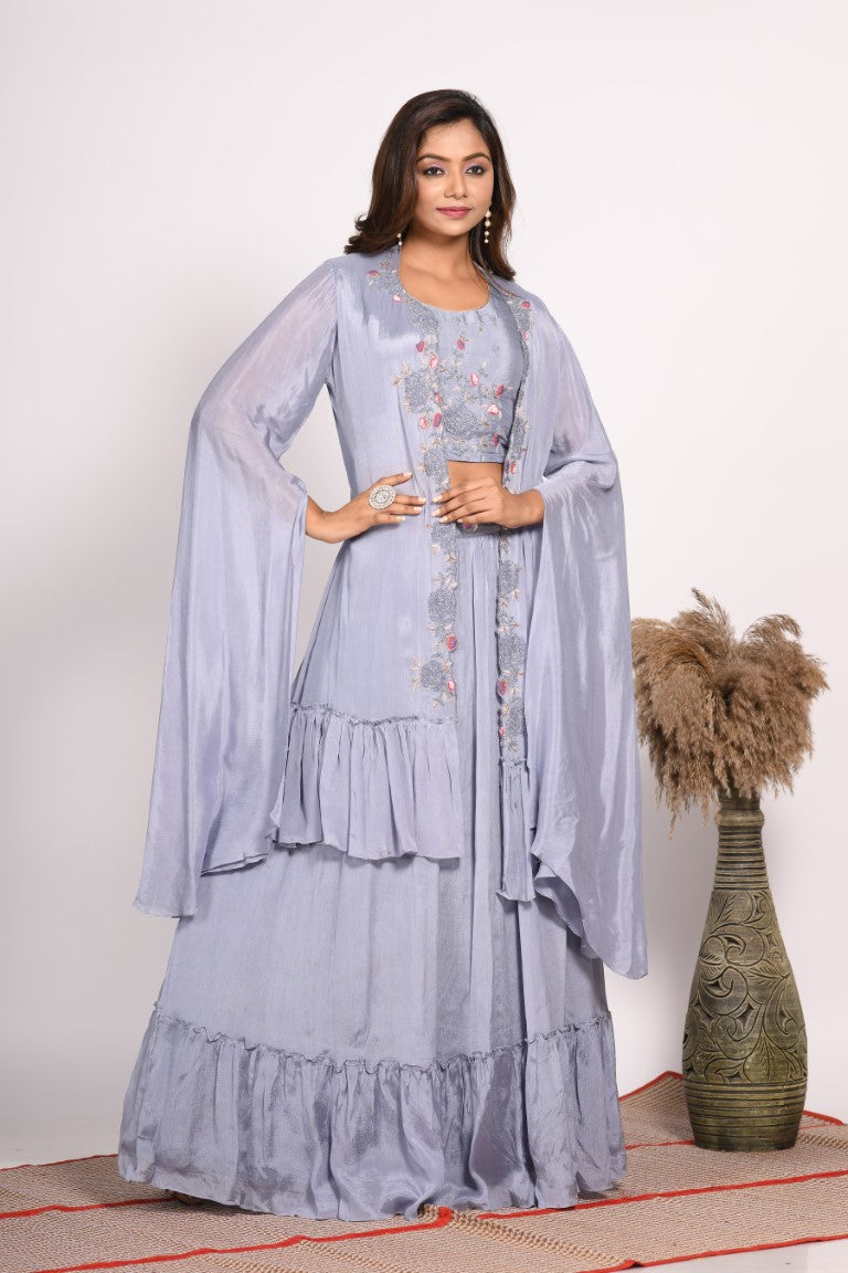 Morchari Crop Top With Long Jacket With Hand Embroidery - Grey | Grocsy