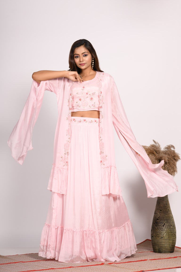 Morchari Crop Top With Long Jacket With Hand Embroidery - Pink | Grocsy