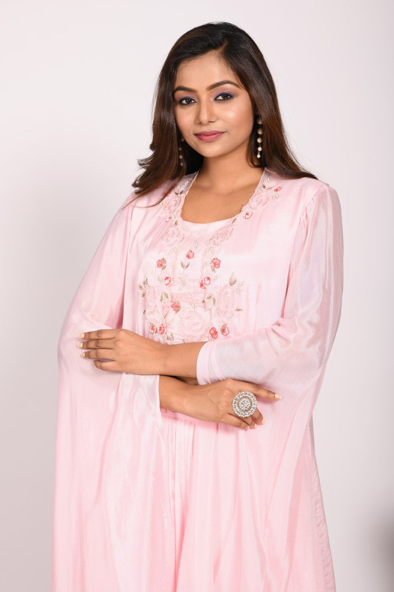 Morchari Crop Top With Long Jacket With Hand Embroidery - Pink | Grocsy