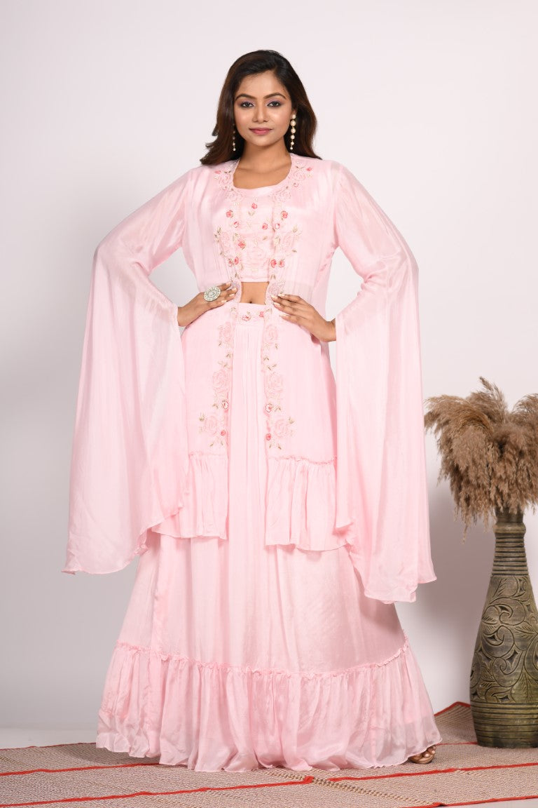 Morchari Crop Top With Long Jacket With Hand Embroidery - Pink | Grocsy