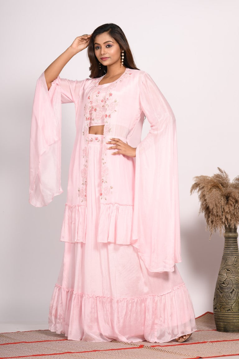 Morchari Crop Top With Long Jacket With Hand Embroidery - Pink | Grocsy