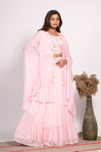 Morchari Crop Top With Long Jacket With Hand Embroidery - Pink | Grocsy