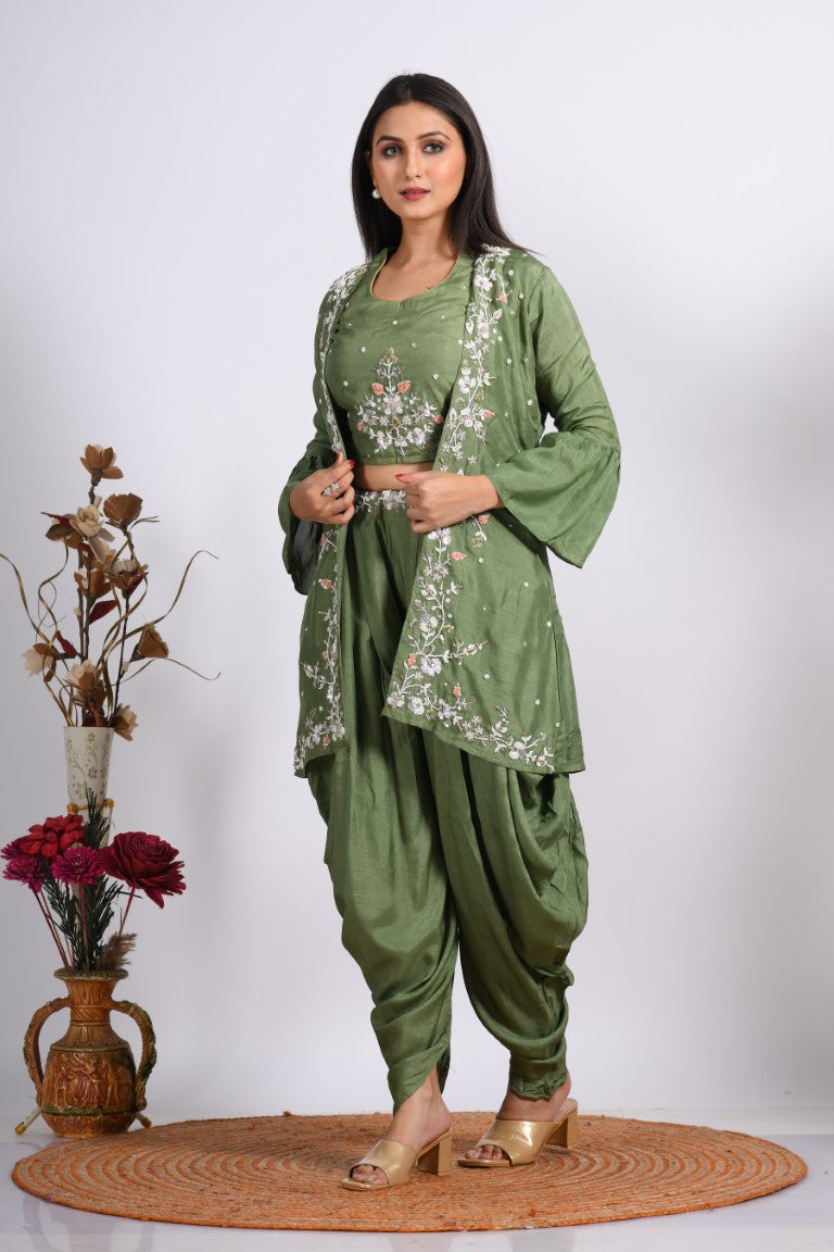 Morchari Crop Top With Jacket With Hand Embroidery - Green | Grocsy