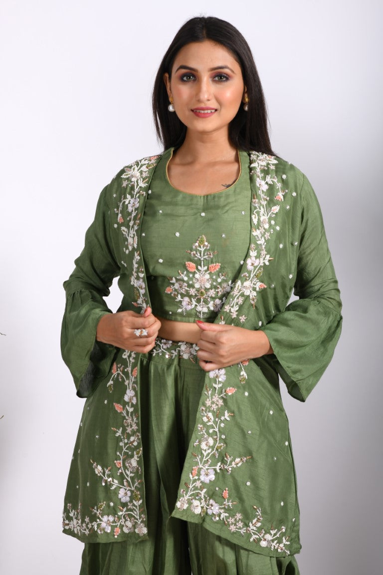 Morchari Crop Top With Jacket With Hand Embroidery - Green | Grocsy