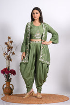 Morchari Crop Top With Jacket With Hand Embroidery - Green | Grocsy