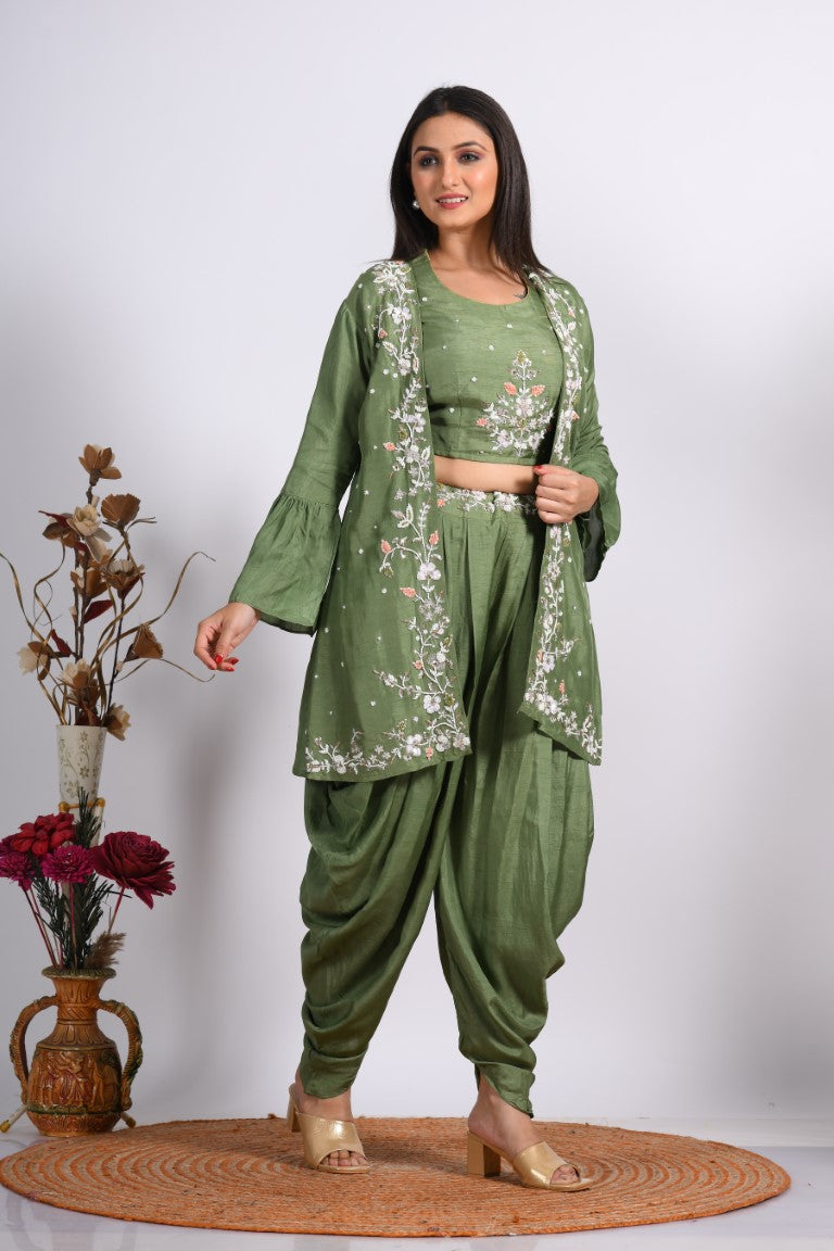 Morchari Crop Top With Jacket With Hand Embroidery - Green | Grocsy