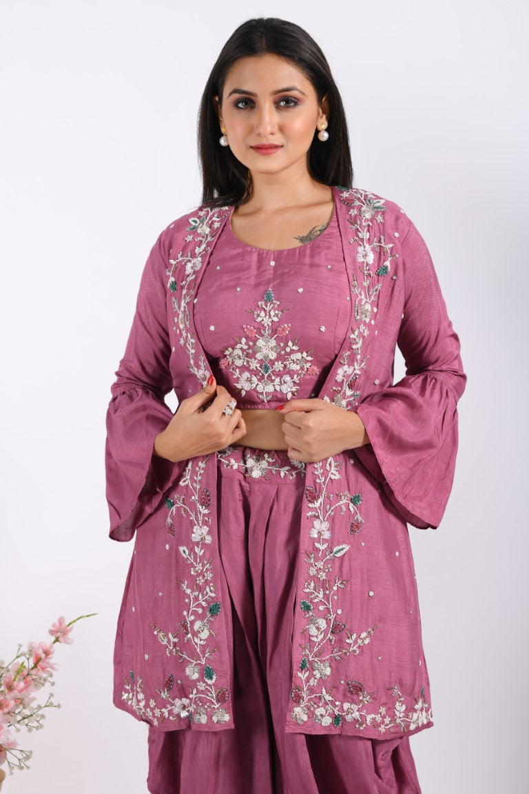 Morchari Crop Top With Jacket With Hand Embroidery - Purple | Grocsy