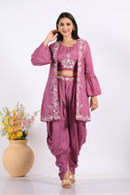 Morchari Crop Top With Jacket With Hand Embroidery - Purple | Grocsy