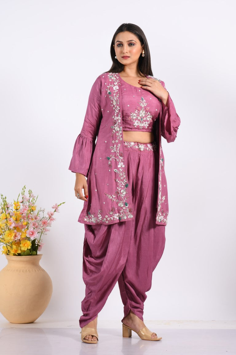 Morchari Crop Top With Jacket With Hand Embroidery - Purple | Grocsy
