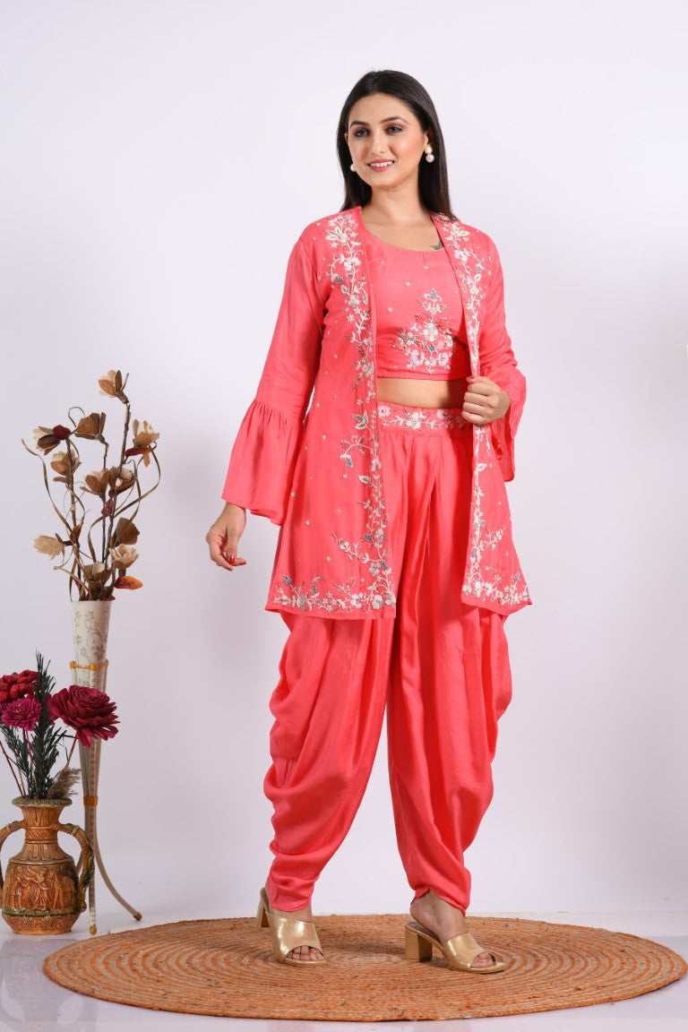 Morchari Crop Top With Jacket With Hand Embroidery - Pink | Grocsy