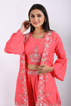 Morchari Crop Top With Jacket With Hand Embroidery - Pink | Grocsy